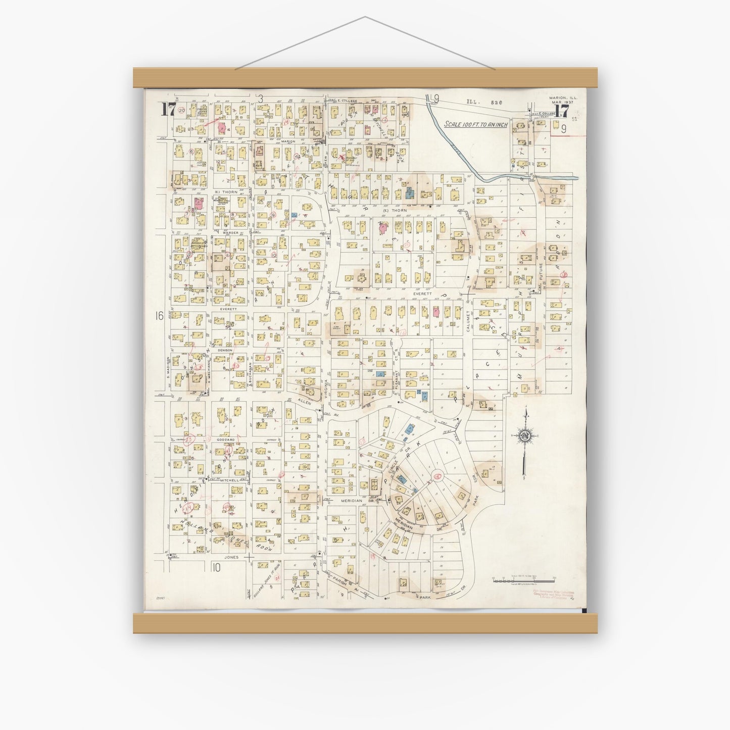 Old map wall art mockup — magnetic wood frame on white wall — Sanborn Fire Insurance Map from Marion, Williamson County, Illinois (1946), Sheet #0017