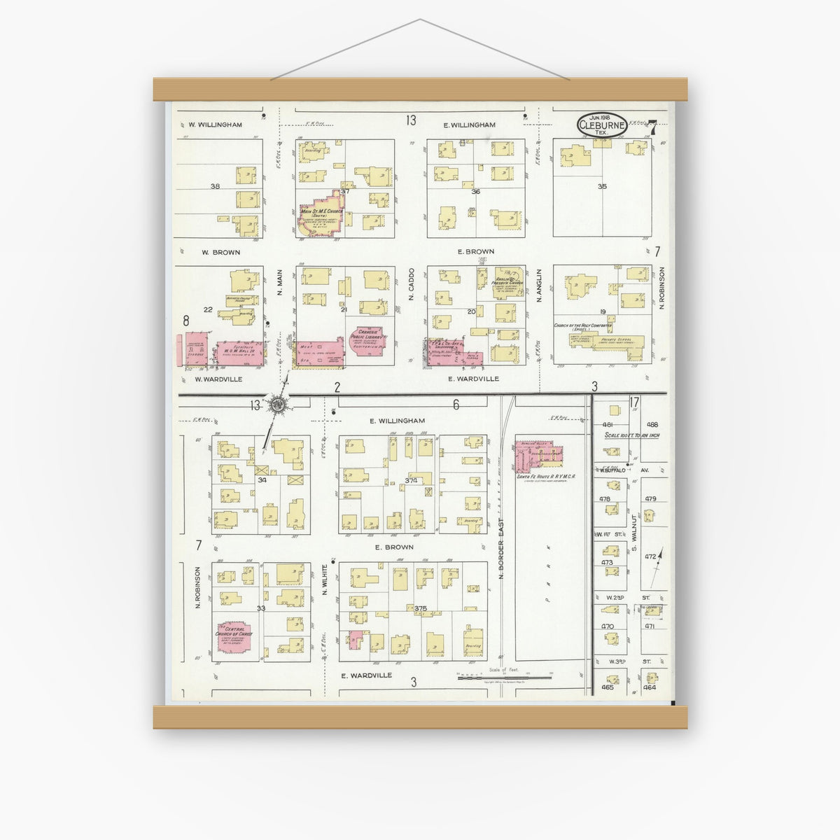 Old map wall art mockup — magnetic wood frame on white wall — Sanborn Fire Insurance Map from Cleburne, Johnson County, Texas (1918), Sheet #0007