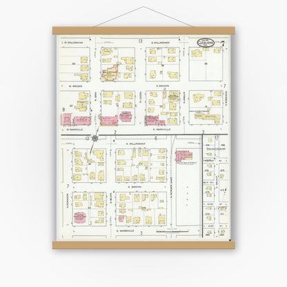 Old map wall art mockup — magnetic wood frame on white wall — Sanborn Fire Insurance Map from Cleburne, Johnson County, Texas (1918), Sheet #0007