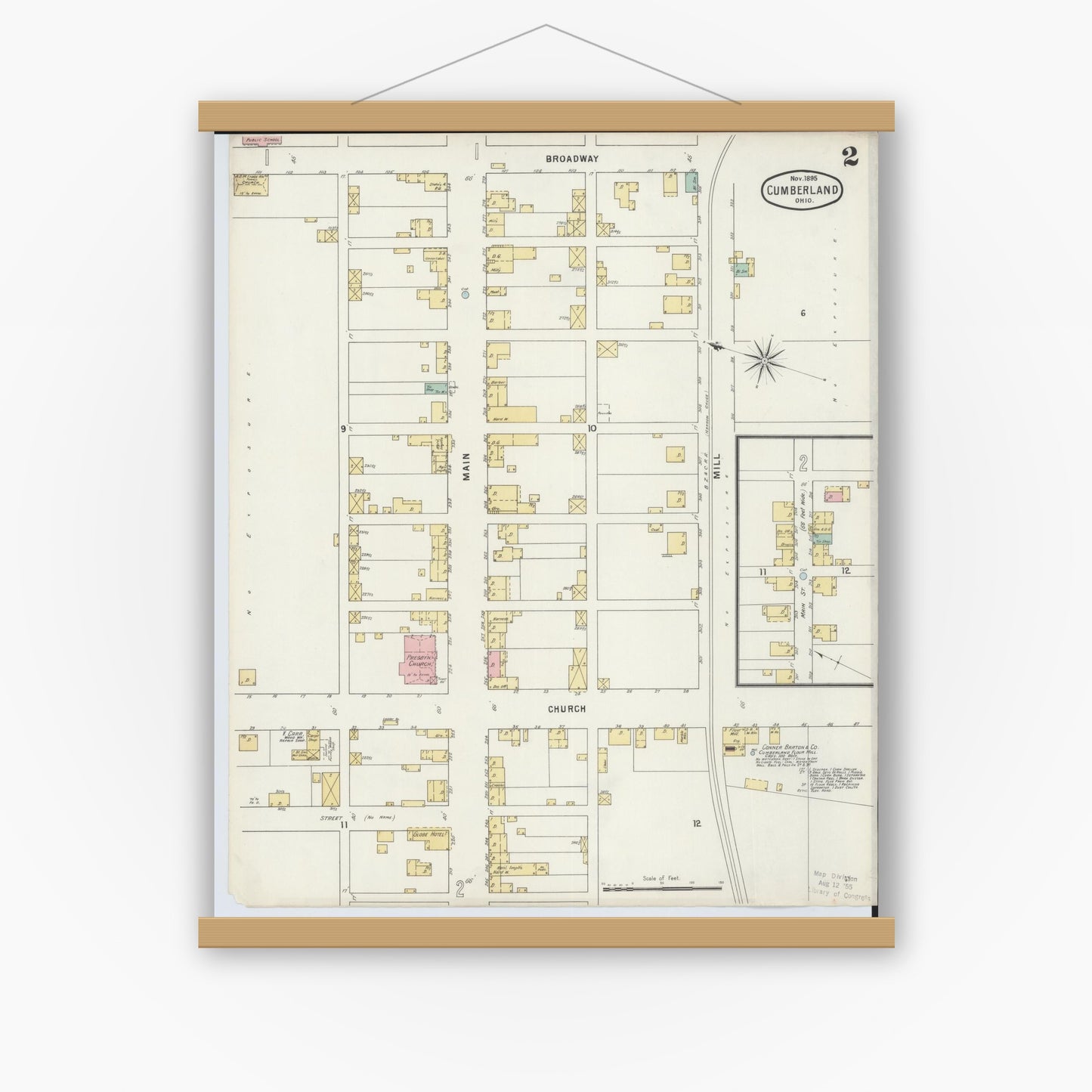 Old map wall art mockup — magnetic wood frame on white wall — Sanborn Fire Insurance Map from Cumberland, Guernsey County, Ohio (1895), Sheet #0002