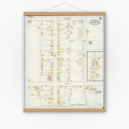 Old map wall art mockup — magnetic wood frame on white wall — Sanborn Fire Insurance Map from Cumberland, Guernsey County, Ohio (1895), Sheet #0002