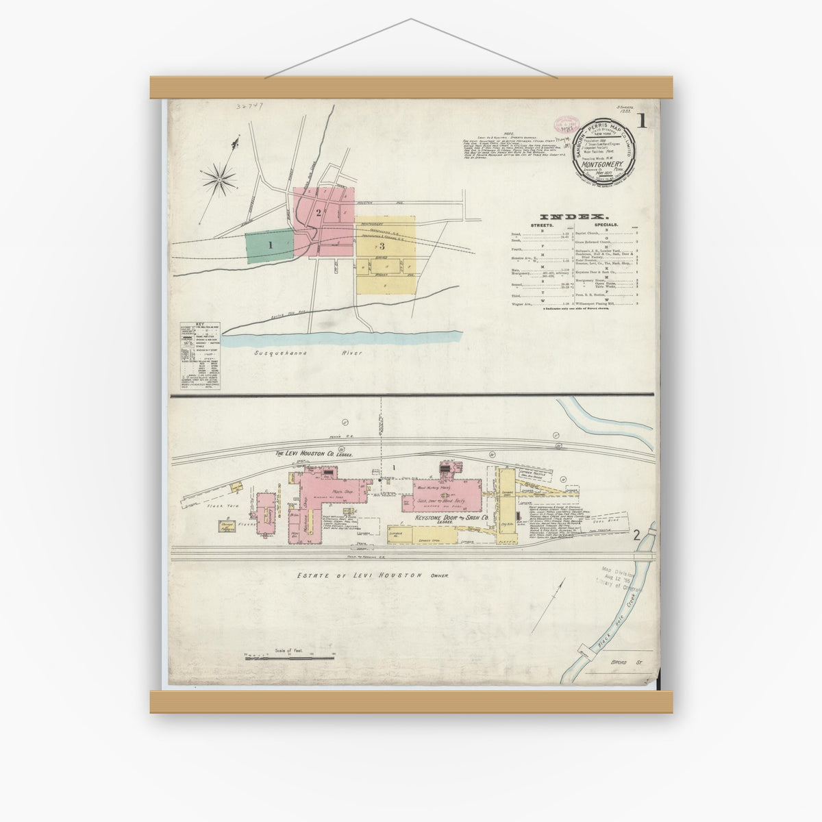 Old map wall art mockup — magnetic wood frame on white wall — Sanborn Fire Insurance Map from Montgomery, Lycoming County, Pennsylvania (1897), Sheet #0001