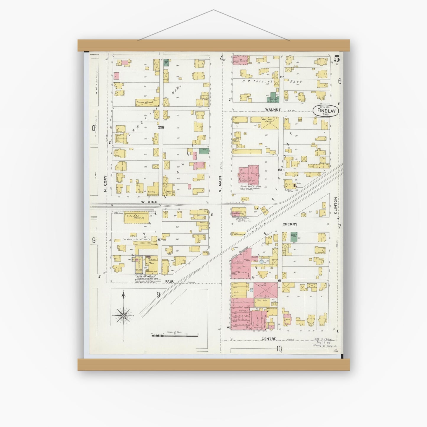 Old map wall art mockup — magnetic wood frame on white wall — Sanborn Fire Insurance Map from Findlay, Hancock County, Ohio (1901), Sheet #0005