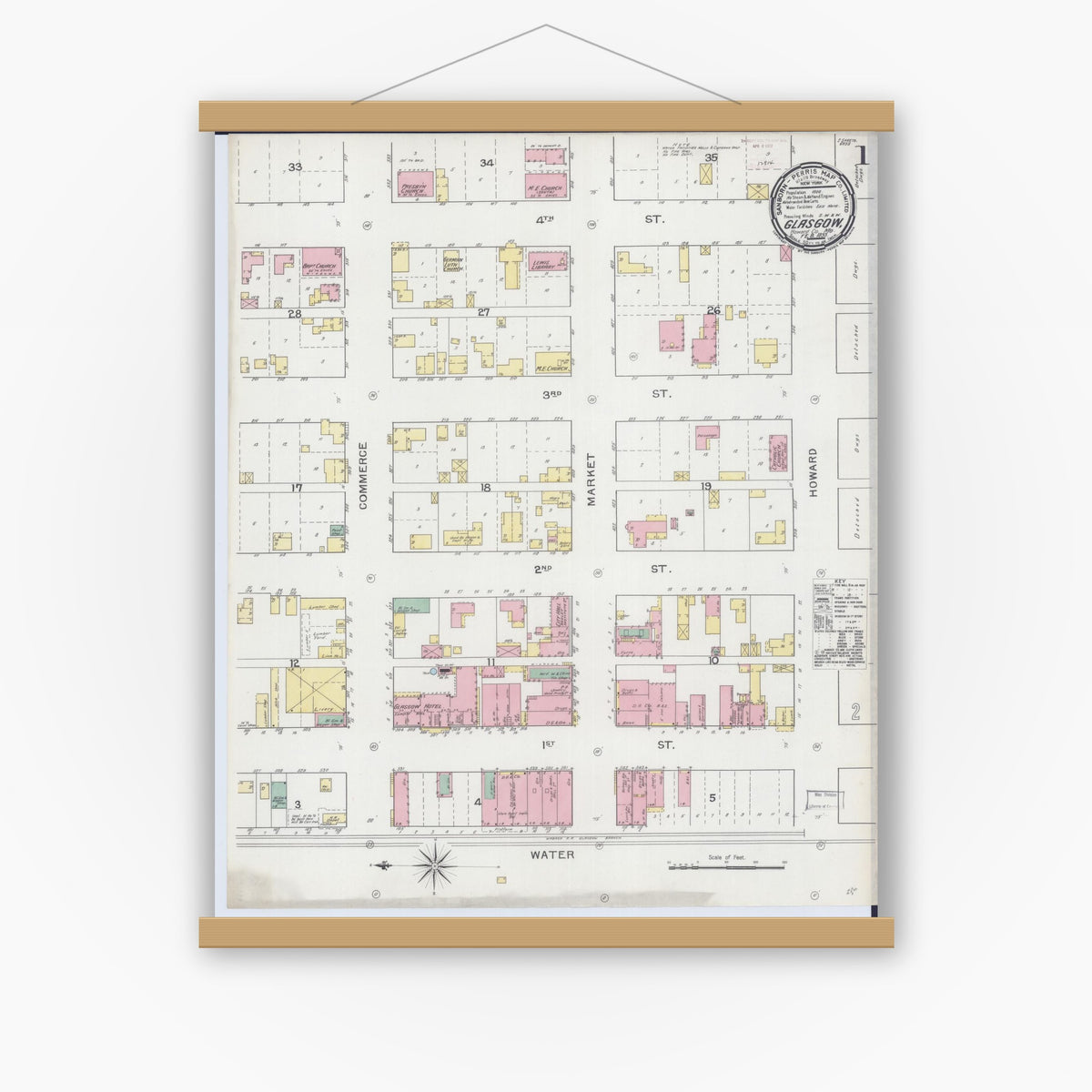 Old map wall art mockup — magnetic wood frame on white wall — Sanborn Fire Insurance Map from Glasgow, Howard County, Missouri (1893), Sheet #0001