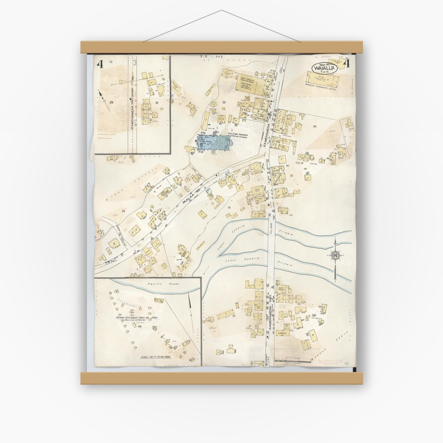 Old map wall art mockup — magnetic wood frame on white wall — Sanborn Fire Insurance Map from Waialua, Honolulu County, Hawaii (1957), Sheet #0004
