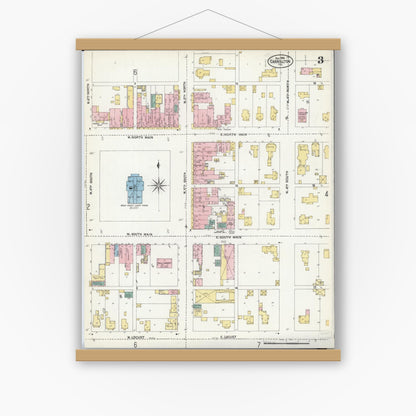 Old map wall art mockup — magnetic wood frame on white wall — Sanborn Fire Insurance Map from Carrollton, Greene County, Illinois (1906), Sheet #0003