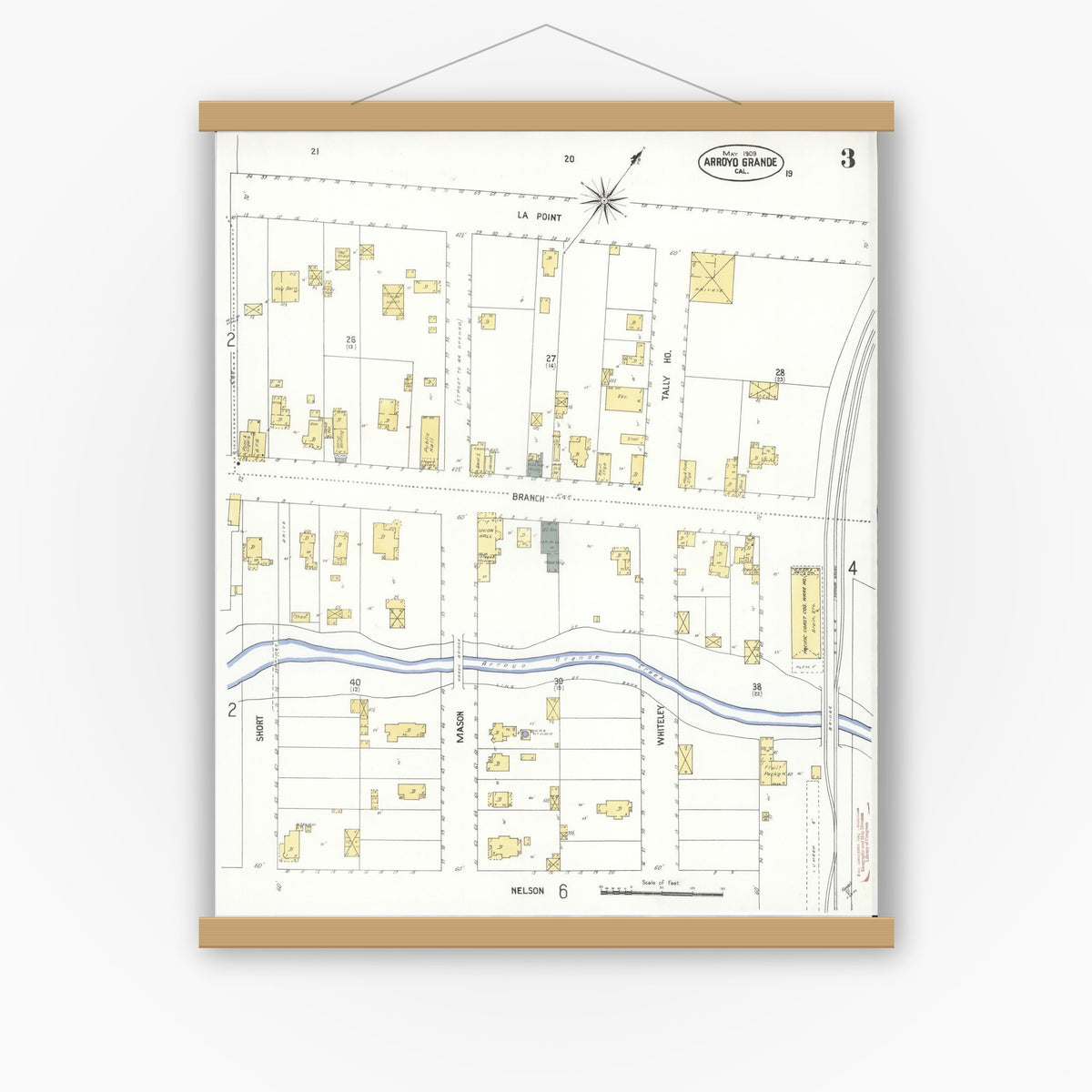 Old map wall art mockup — magnetic wood frame on white wall — Sanborn Fire Insurance Map from Arroyo Grande, San Luis Obispo County, California (1909), Sheet #0003