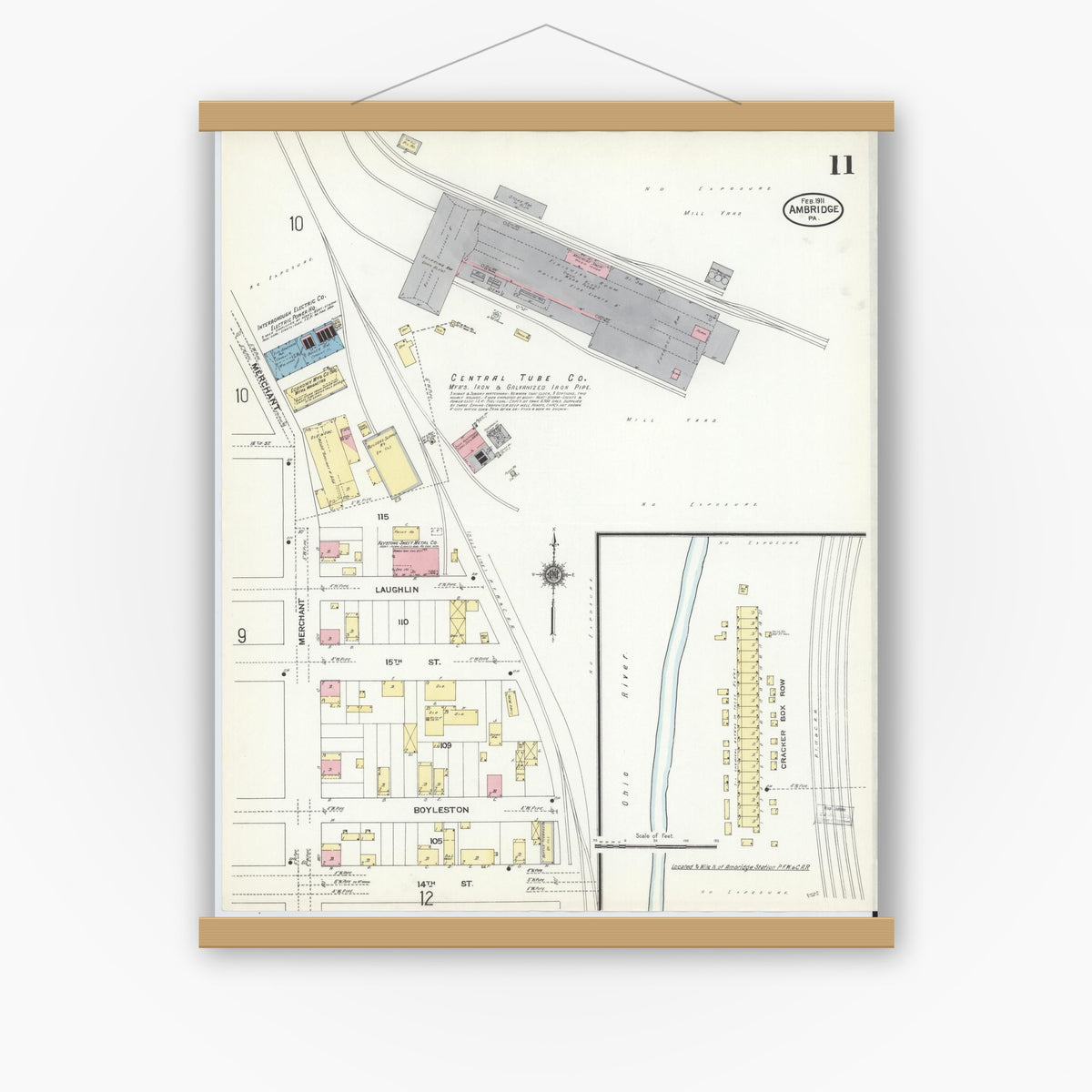 Old map wall art mockup — magnetic wood frame on white wall — Sanborn Fire Insurance Map from Ambridge, Beaver County, Pennsylvania (1911), Sheet #0011