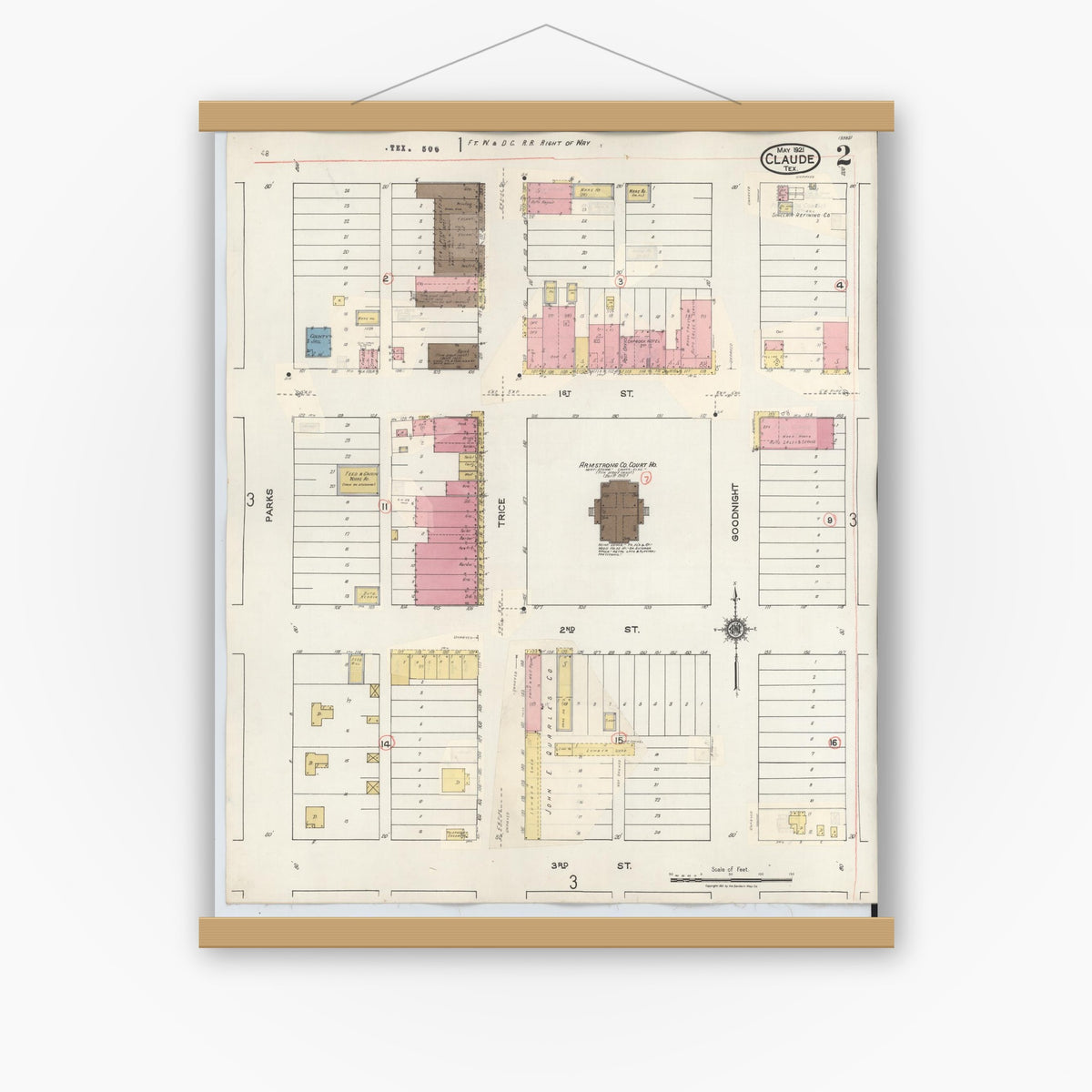 Old map wall art mockup — magnetic wood frame on white wall — Sanborn Fire Insurance Map from Claude, Armstrong County, Texas (1932), Sheet #0002