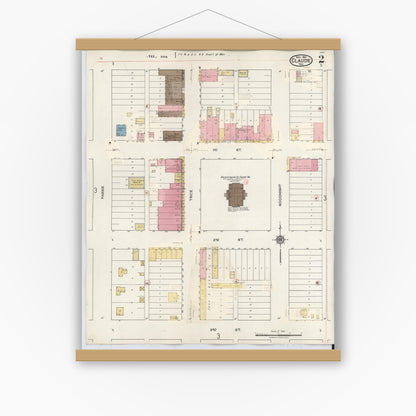 Old map wall art mockup — magnetic wood frame on white wall — Sanborn Fire Insurance Map from Claude, Armstrong County, Texas (1932), Sheet #0002