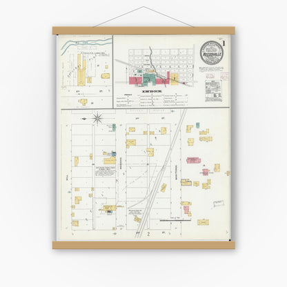 Old map wall art mockup — magnetic wood frame on white wall — Sanborn Fire Insurance Map from Reedsville, Manitowoc County, Wisconsin (1906) - Complete Map Set
