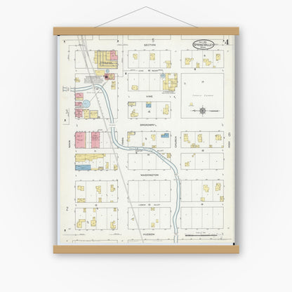 Old map wall art mockup — magnetic wood frame on white wall — Sanborn Fire Insurance Map from Spring Valley, Fillmore County, Minnesota (1915), Sheet #0004