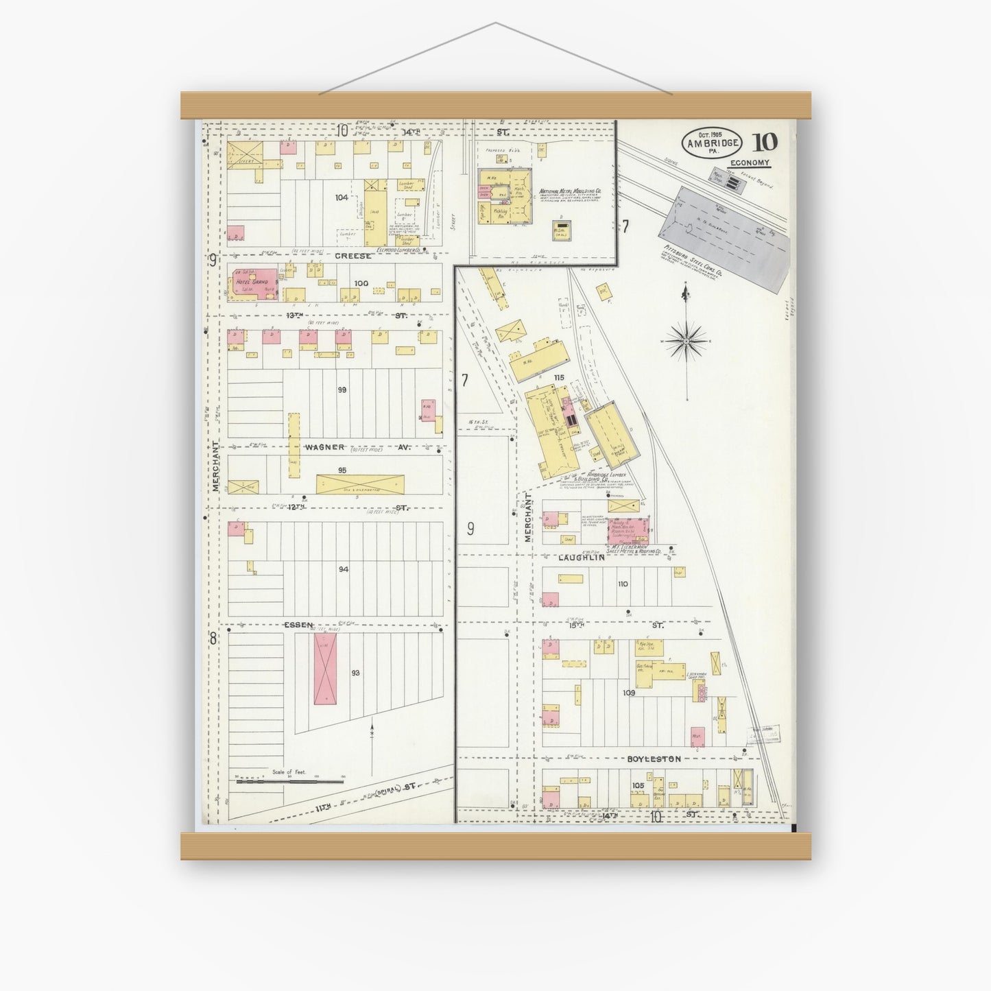 Old map wall art mockup — magnetic wood frame on white wall — Sanborn Fire Insurance Map from Ambridge, Beaver County, Pennsylvania (1905), Sheet #0010