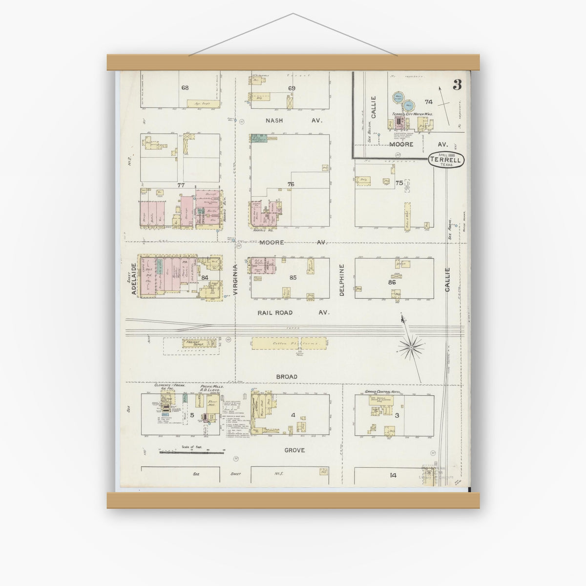 Old map wall art mockup — magnetic wood frame on white wall — Sanborn Fire Insurance Map from Terrell, Kaufman County, Texas (1888), Sheet #0003