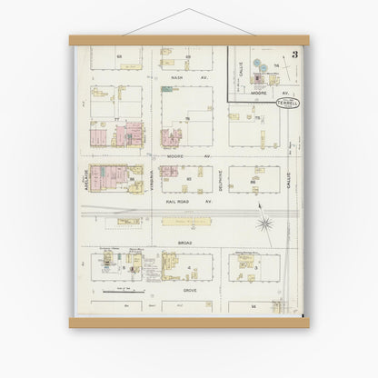 Old map wall art mockup — magnetic wood frame on white wall — Sanborn Fire Insurance Map from Terrell, Kaufman County, Texas (1888), Sheet #0003