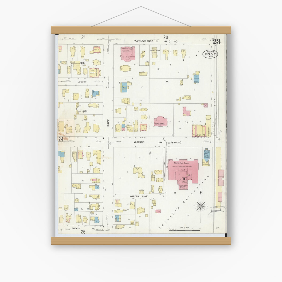 Old map wall art mockup — magnetic wood frame on white wall — Sanborn Fire Insurance Map from Beloit, Rock County, Wisconsin (1908), Sheet #0023