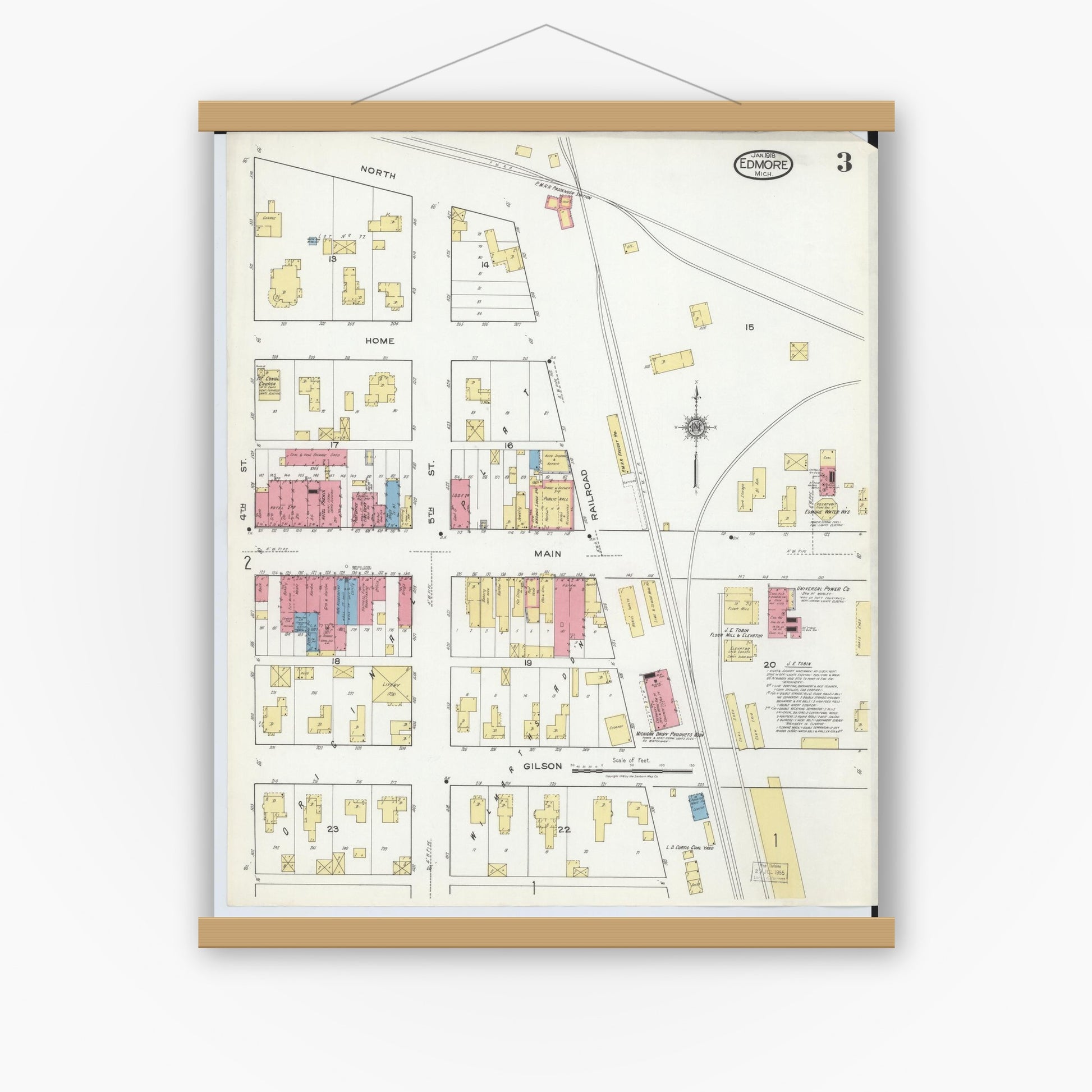 Old map wall art mockup — magnetic wood frame on white wall — Sanborn Fire Insurance Map from Edmore, Montcalm County, Michigan (1918), Sheet #0003