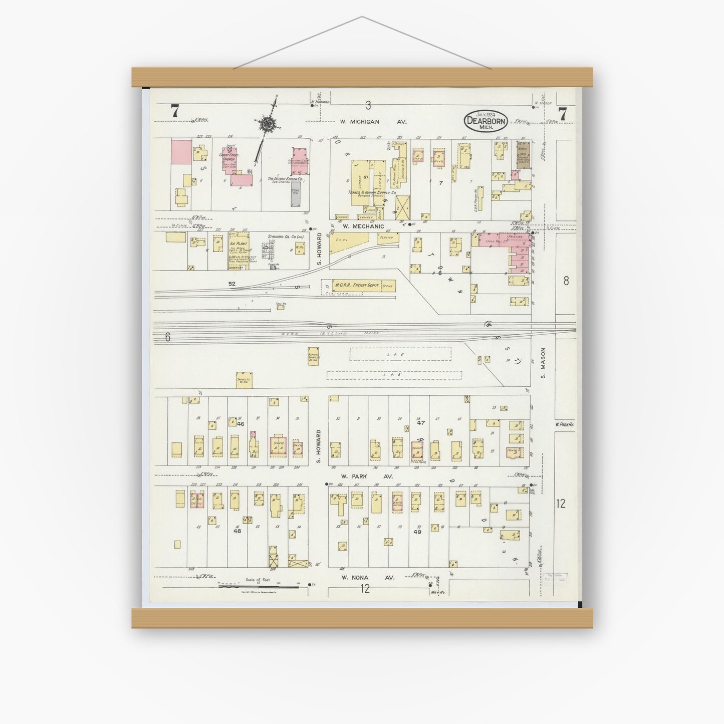 Old map wall art mockup — magnetic wood frame on white wall — Sanborn Fire Insurance Map from Dearborn, Wayne County, Michigan (1924), Sheet #0007