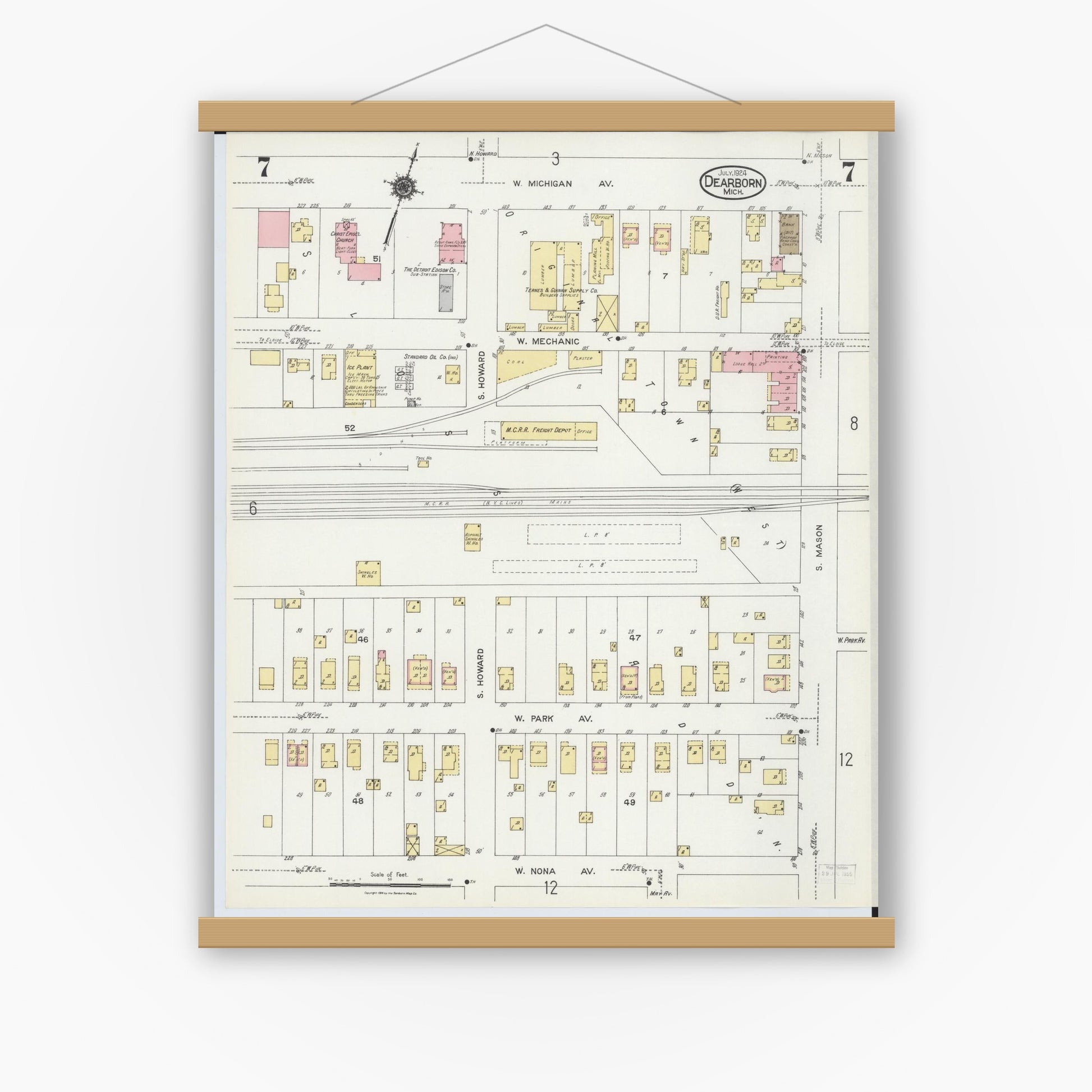 Old map wall art mockup — magnetic wood frame on white wall — Sanborn Fire Insurance Map from Dearborn, Wayne County, Michigan (1924), Sheet #0007
