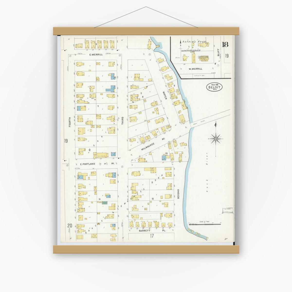 Old map wall art mockup — magnetic wood frame on white wall — Sanborn Fire Insurance Map from Beloit, Rock County, Wisconsin (1908), Sheet #0018