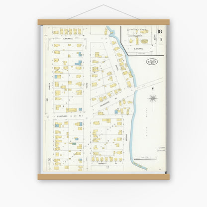 Old map wall art mockup — magnetic wood frame on white wall — Sanborn Fire Insurance Map from Beloit, Rock County, Wisconsin (1908), Sheet #0018