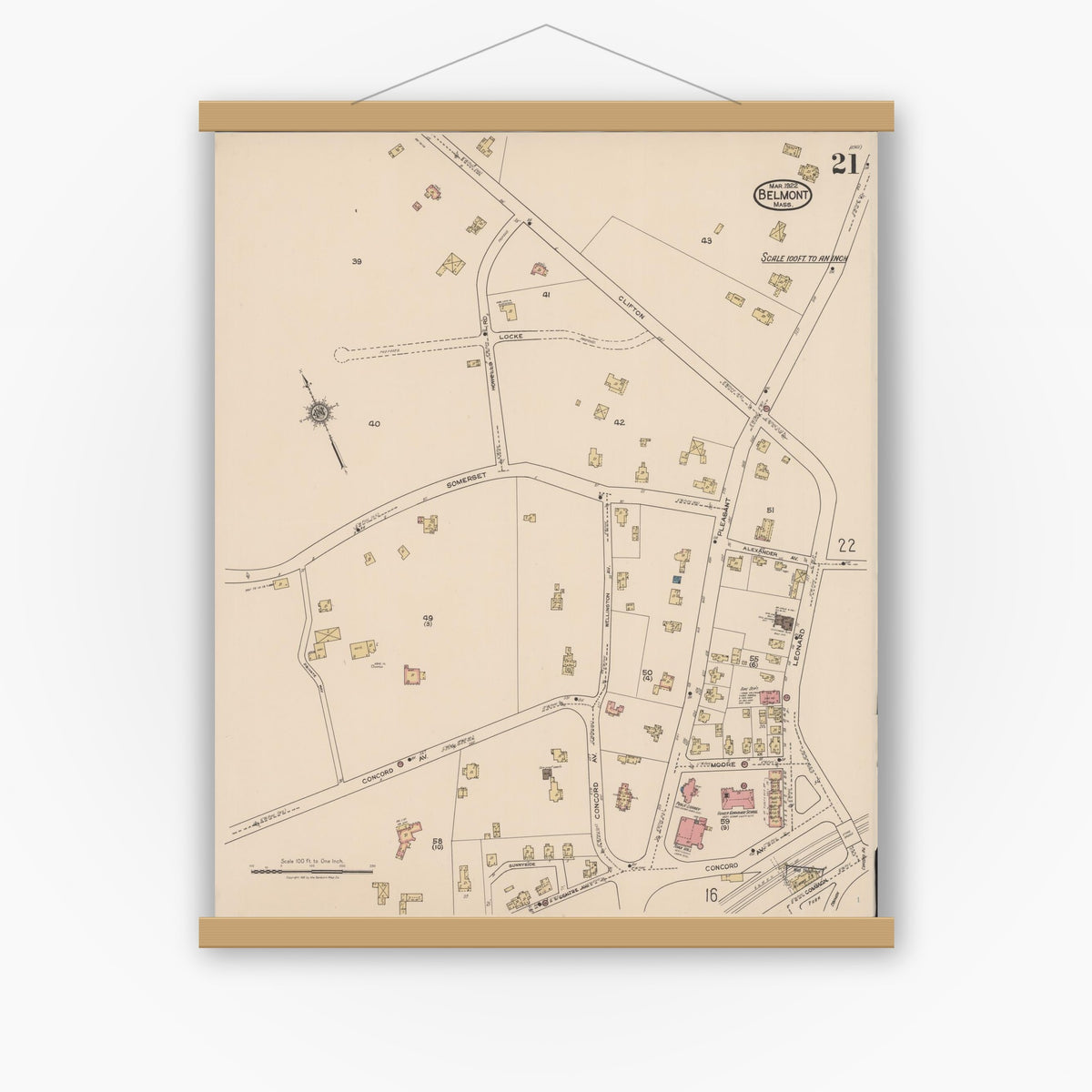 Old map wall art mockup — magnetic wood frame on white wall — Sanborn Fire Insurance Map from Belmont, Middlesex County, Massachusetts (1922), Sheet #0021