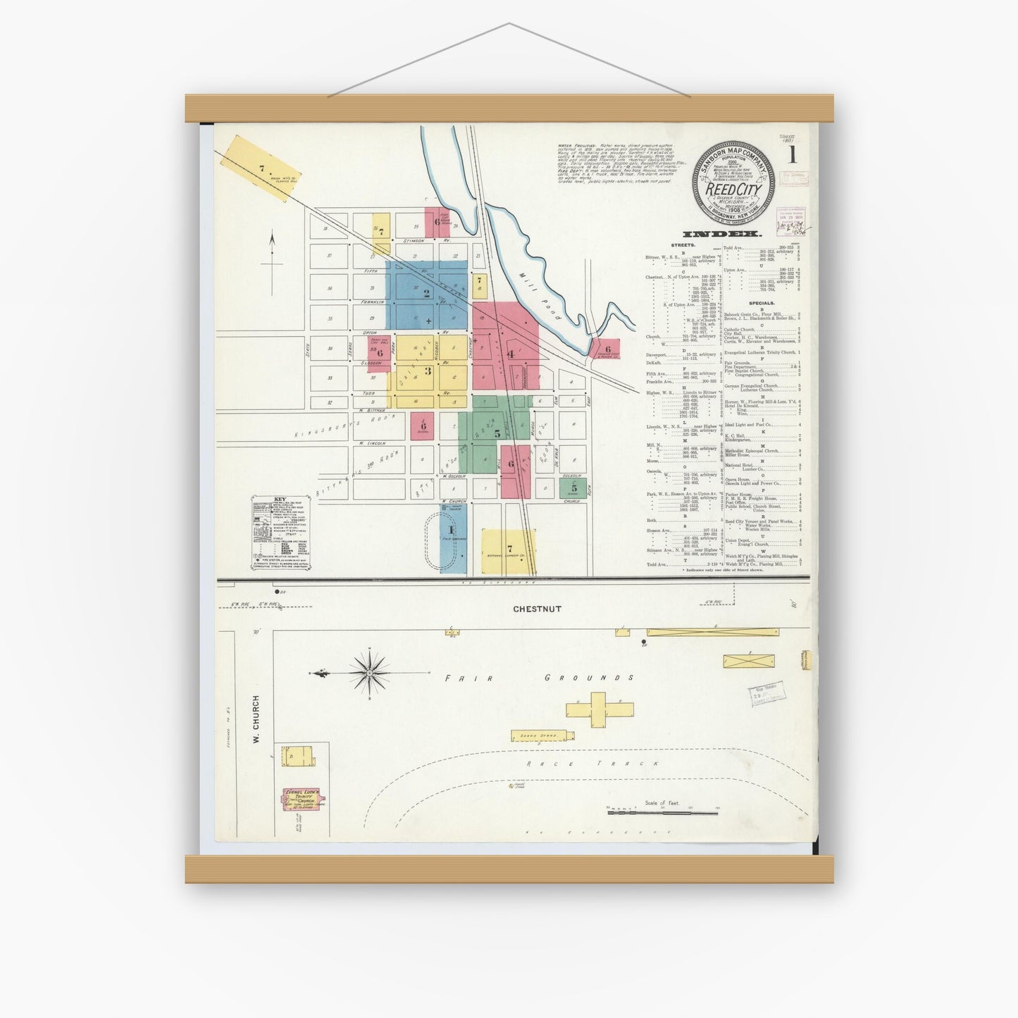 Old map wall art mockup — magnetic wood frame on white wall — Sanborn Fire Insurance Map from Reed City, Osceola County, Michigan (1908) - Complete Map Set