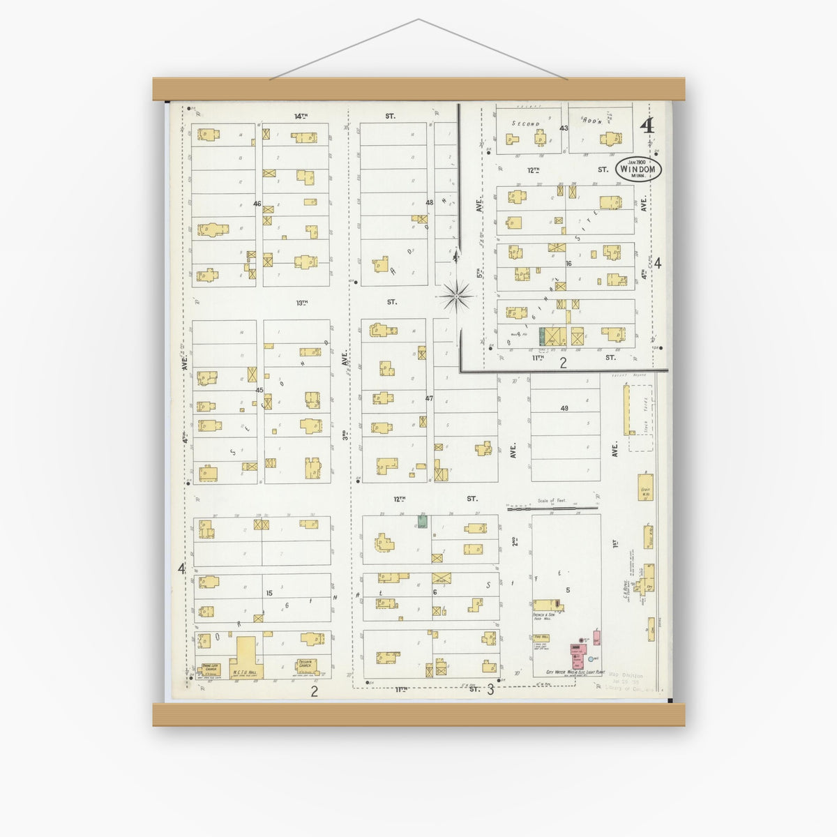 Old map wall art mockup — magnetic wood frame on white wall — Sanborn Fire Insurance Map from Windom, Cottonwood County, Minnesota (1900), Sheet #0004