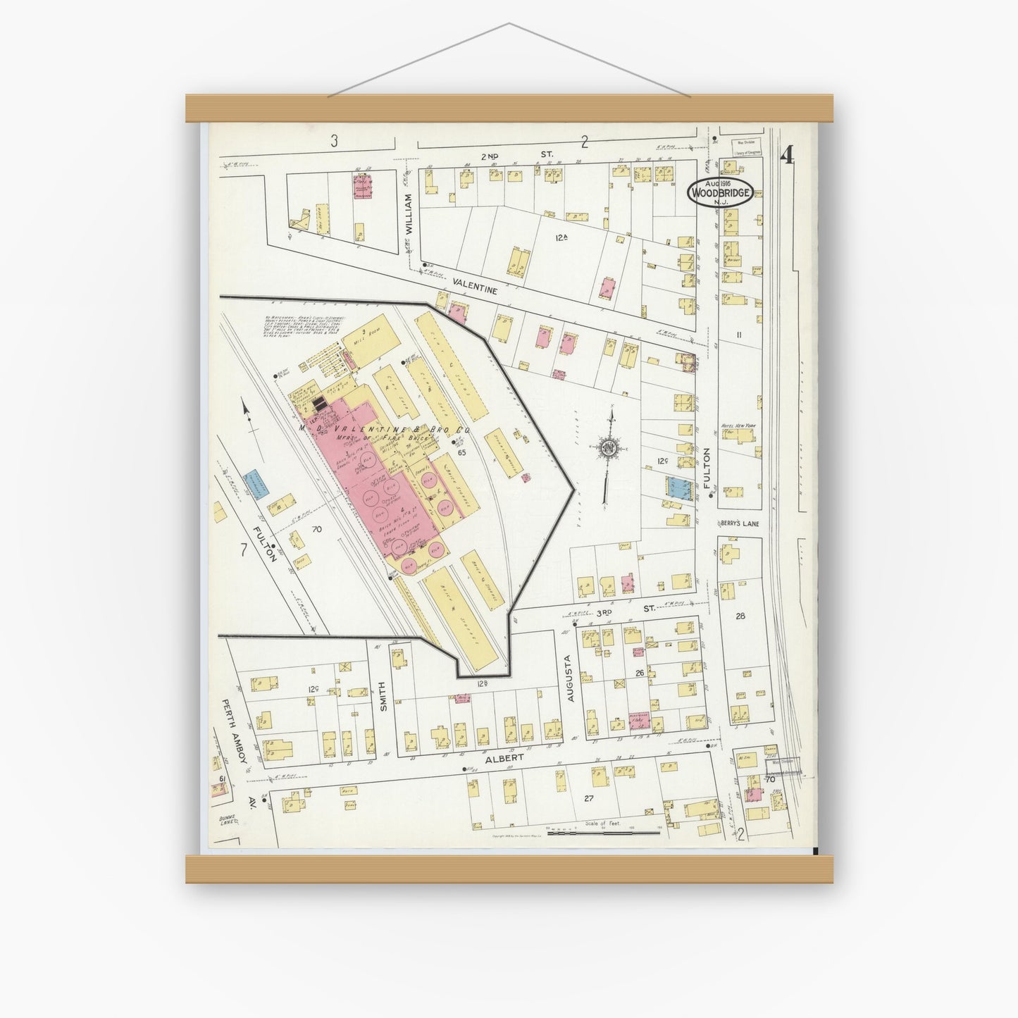 Old map wall art mockup — magnetic wood frame on white wall — Sanborn Fire Insurance Map from Woodbridge, Middlesex County, New Jersey (1916), Sheet #0004
