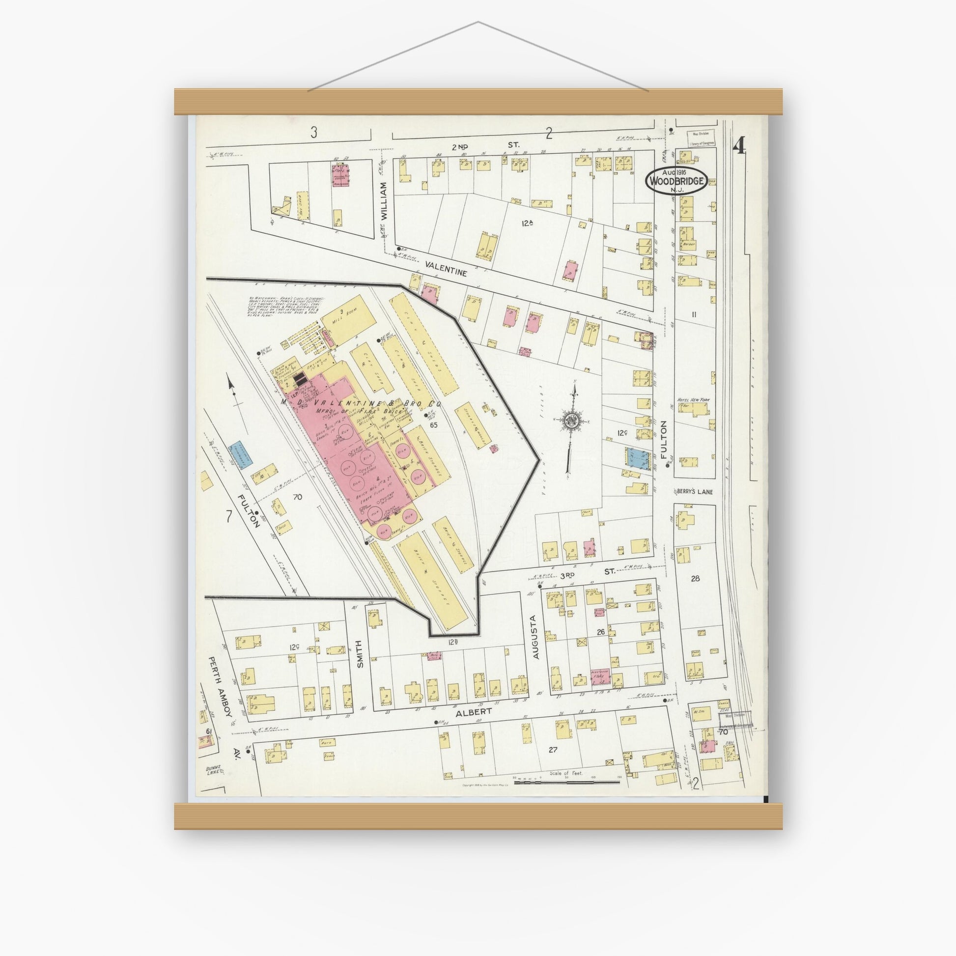 Old map wall art mockup — magnetic wood frame on white wall — Sanborn Fire Insurance Map from Woodbridge, Middlesex County, New Jersey (1916), Sheet #0004