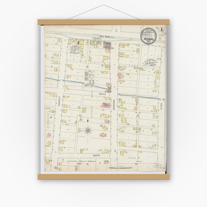 Old map wall art mockup — magnetic wood frame on white wall — Sanborn Fire Insurance Map from Nevada, Wyandot County, Ohio (1895), Sheet #0001