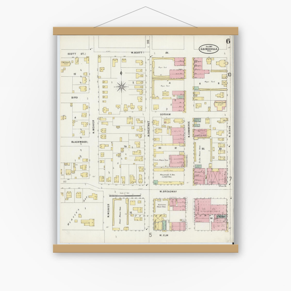 Old map wall art mockup — magnetic wood frame on white wall — Sanborn Fire Insurance Map from Gainesville, Cooke County, Texas (1897), Sheet #0006