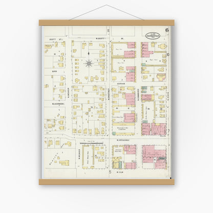 Old map wall art mockup — magnetic wood frame on white wall — Sanborn Fire Insurance Map from Gainesville, Cooke County, Texas (1897), Sheet #0006
