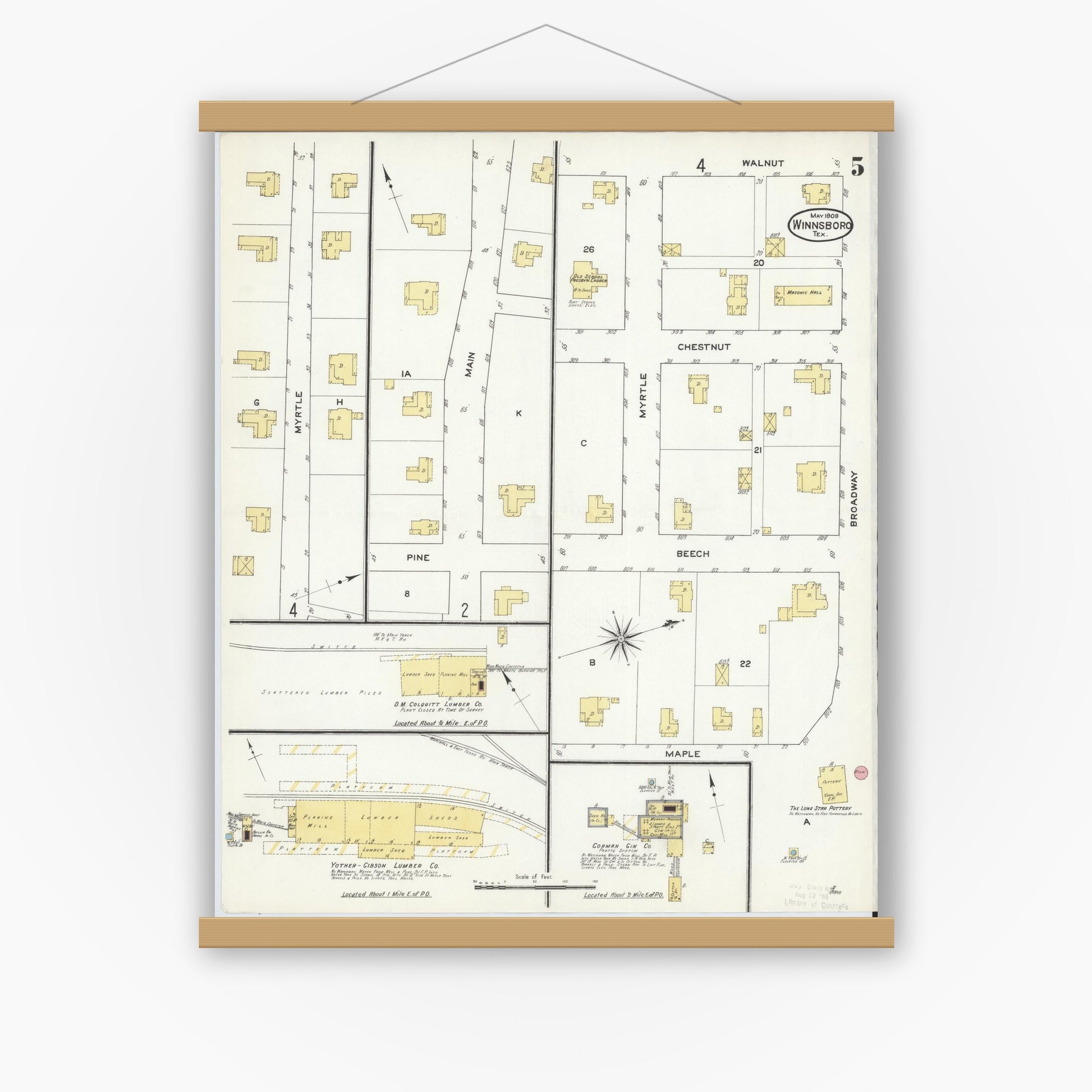 Old map wall art mockup — magnetic wood frame on white wall — Sanborn Fire Insurance Map from Winnsboro, Wood County, Texas (1909), Sheet #0005