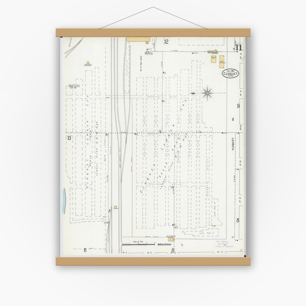 Old map wall art mockup — magnetic wood frame on white wall — Sanborn Fire Insurance Map from Cloquet, Carlton County, Minnesota (1905), Sheet #0011