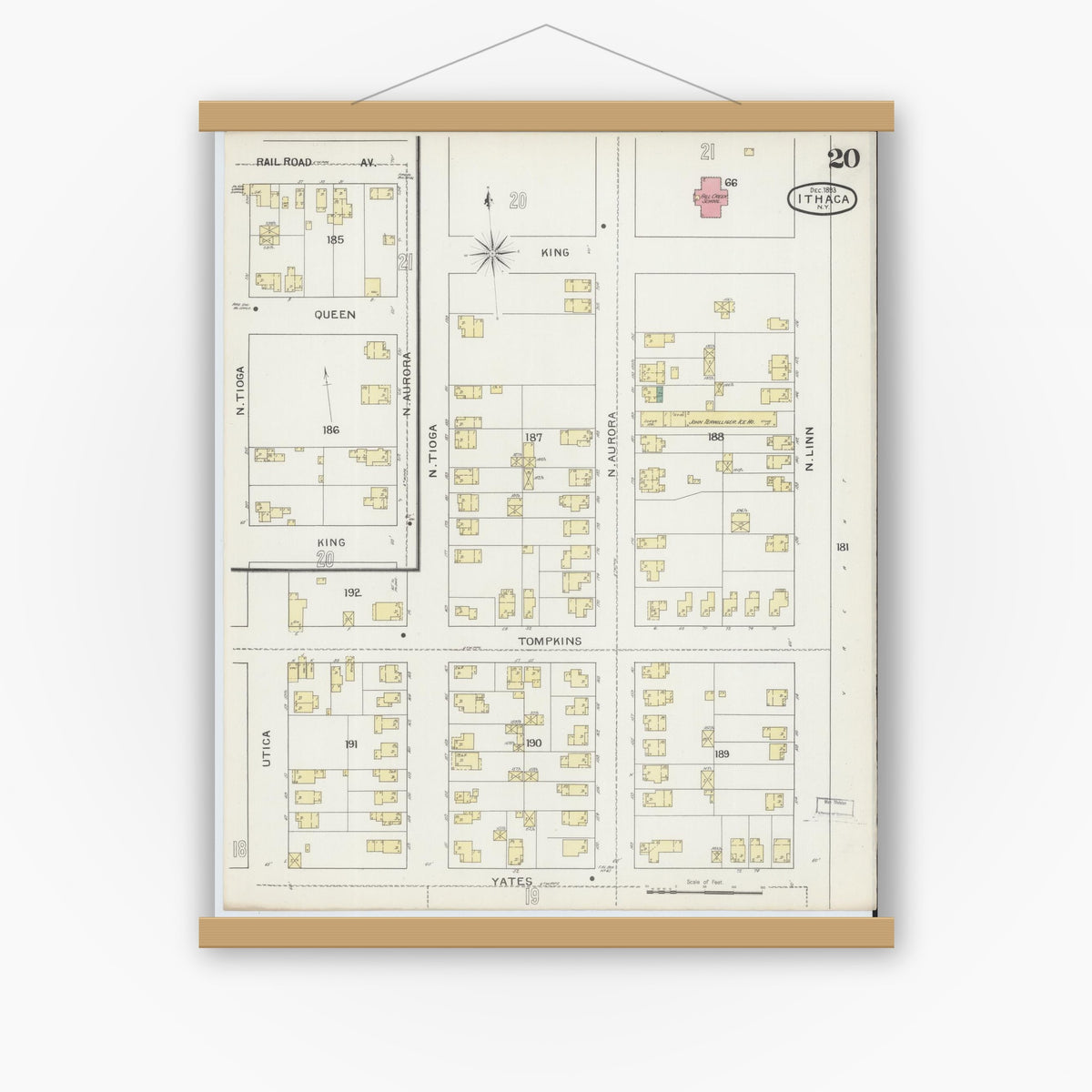 Old map wall art mockup — magnetic wood frame on white wall — Sanborn Fire Insurance Map from Ithaca, Tompkins County, New York (1893), Sheet #0020