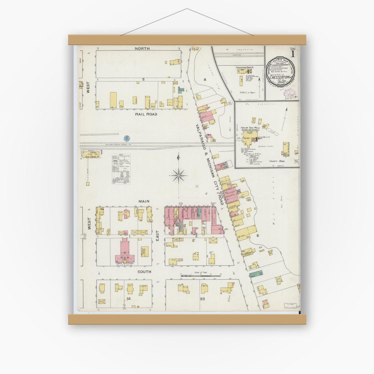 Old map wall art mockup — magnetic wood frame on white wall — Sanborn Fire Insurance Map from Chesterton, Porter County, Indiana (1893), Sheet #0001