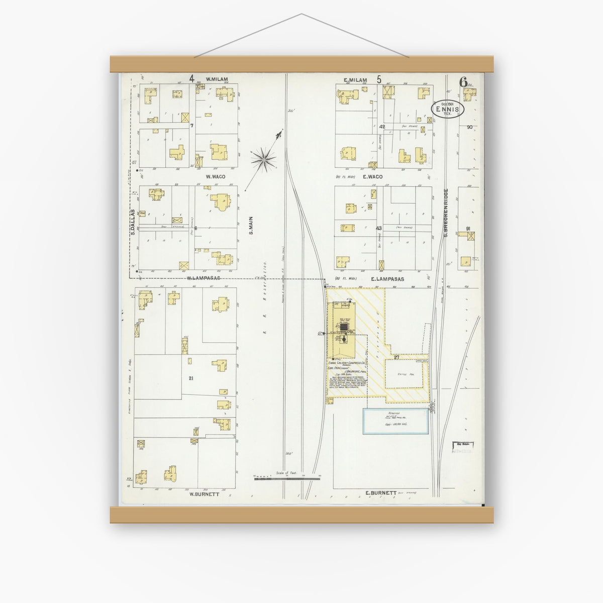 Old map wall art mockup — magnetic wood frame on white wall — Sanborn Fire Insurance Map from Ennis, Ellis County, Texas (1901), Sheet #0006