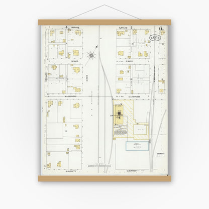 Old map wall art mockup — magnetic wood frame on white wall — Sanborn Fire Insurance Map from Ennis, Ellis County, Texas (1901), Sheet #0006