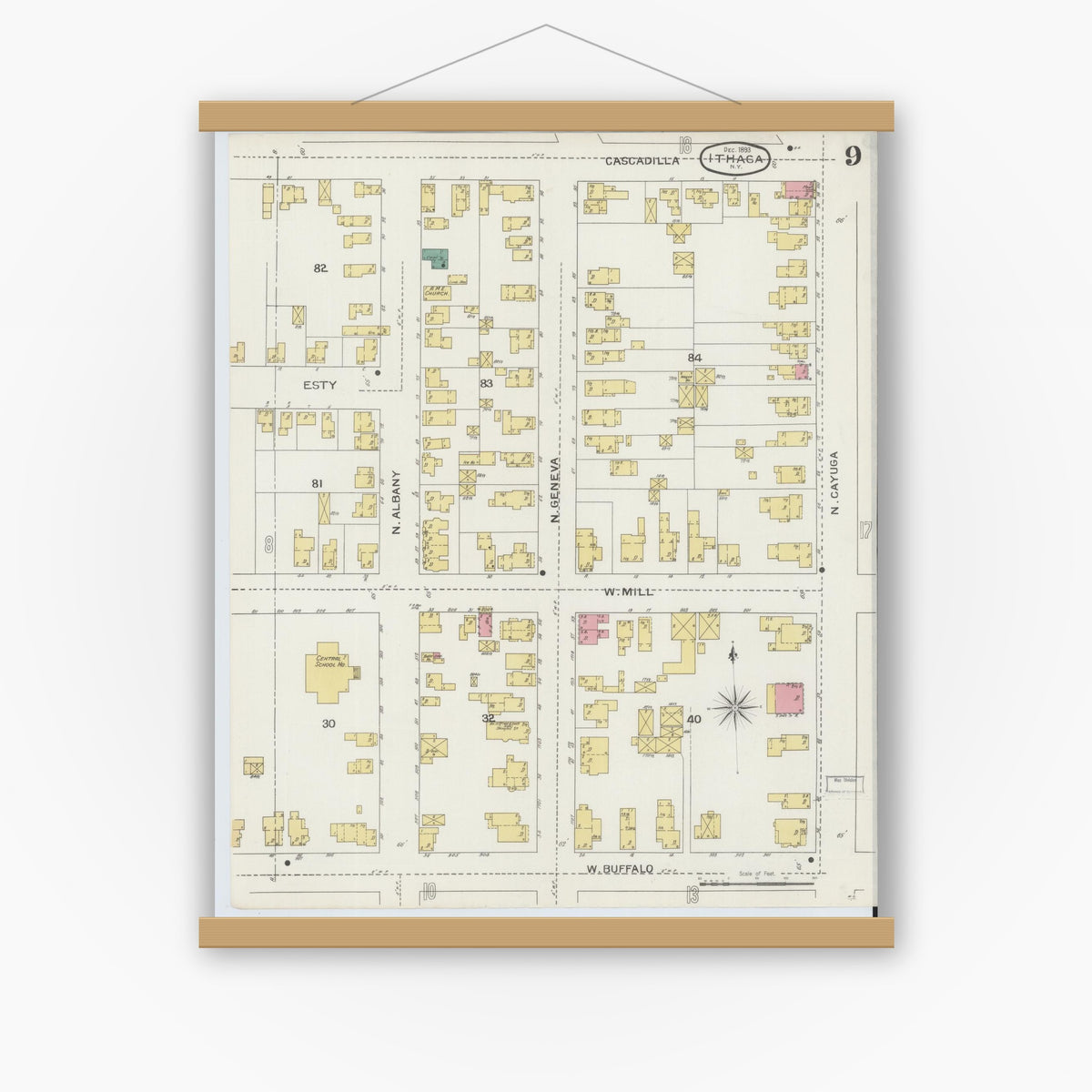 Old map wall art mockup — magnetic wood frame on white wall — Sanborn Fire Insurance Map from Ithaca, Tompkins County, New York (1893), Sheet #0009
