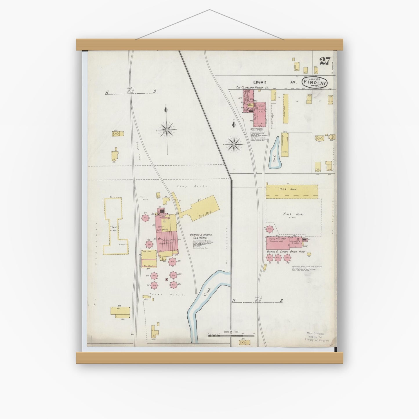 Old map wall art mockup — magnetic wood frame on white wall — Sanborn Fire Insurance Map from Findlay, Hancock County, Ohio (1895), Sheet #0027