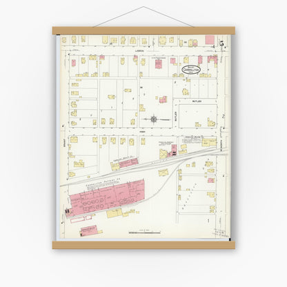 Old map wall art mockup — magnetic wood frame on white wall — Sanborn Fire Insurance Map from Carrollton, Carroll County, Ohio (1911), Sheet #0005