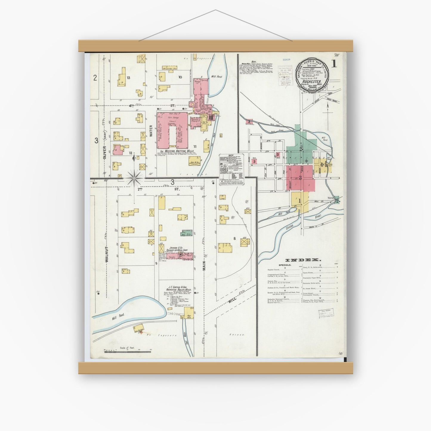 Old map wall art mockup — magnetic wood frame on white wall — Sanborn Fire Insurance Map from Rochester, Oakland County, Michigan (1900) - Complete Map Set