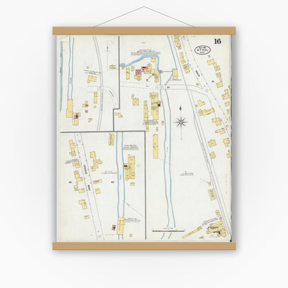 Old map wall art mockup — magnetic wood frame on white wall — Sanborn Fire Insurance Map from Athol, Worcester County, Massachusetts (1905), Sheet #0016