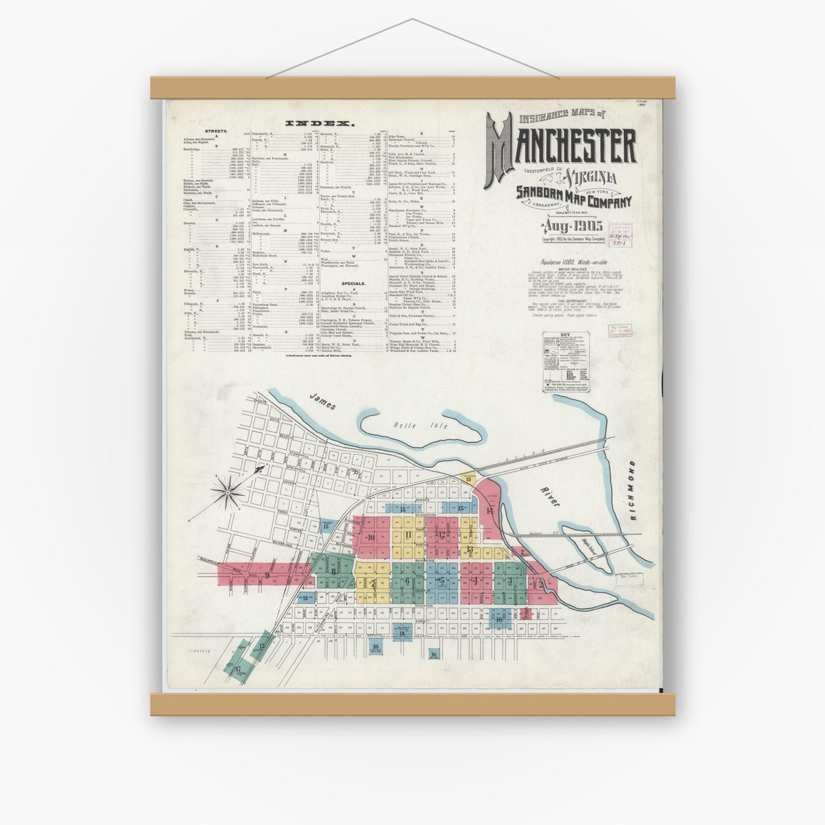 Old map wall art mockup — magnetic wood frame on white wall — Sanborn Fire Insurance Map from Manchester, Chesterfield County, Virginia (1905), Sheet #0001