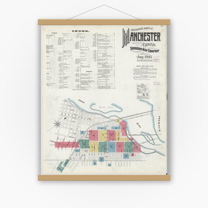 Old map wall art mockup — magnetic wood frame on white wall — Sanborn Fire Insurance Map from Manchester, Chesterfield County, Virginia (1905), Sheet #0001