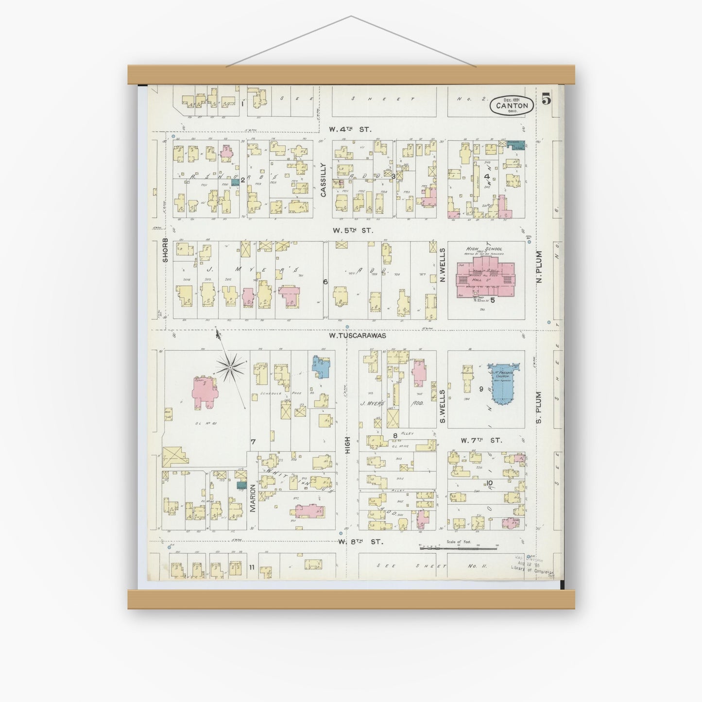 Old map wall art mockup — magnetic wood frame on white wall — Sanborn Fire Insurance Map from Canton, Stark County, Ohio (1891), Sheet #0005