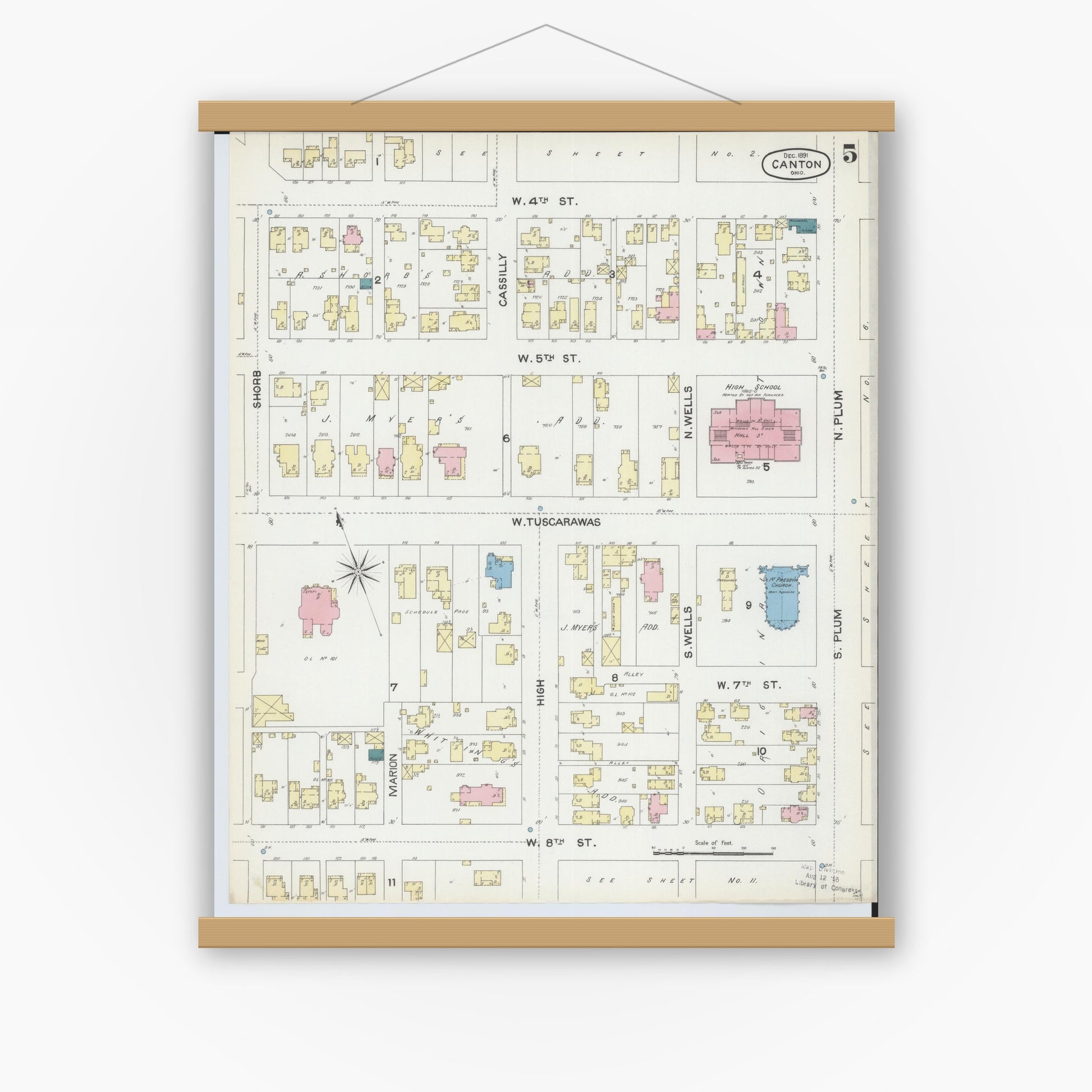 Old map wall art mockup — magnetic wood frame on white wall — Sanborn Fire Insurance Map from Canton, Stark County, Ohio (1891), Sheet #0005