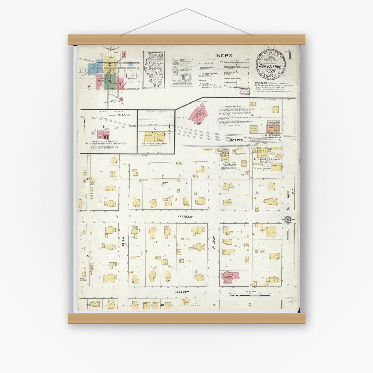 Old map wall art mockup — magnetic wood frame on white wall — Sanborn Fire Insurance Map from Palestine, Crawford County, Illinois (1916) - Complete Map Set