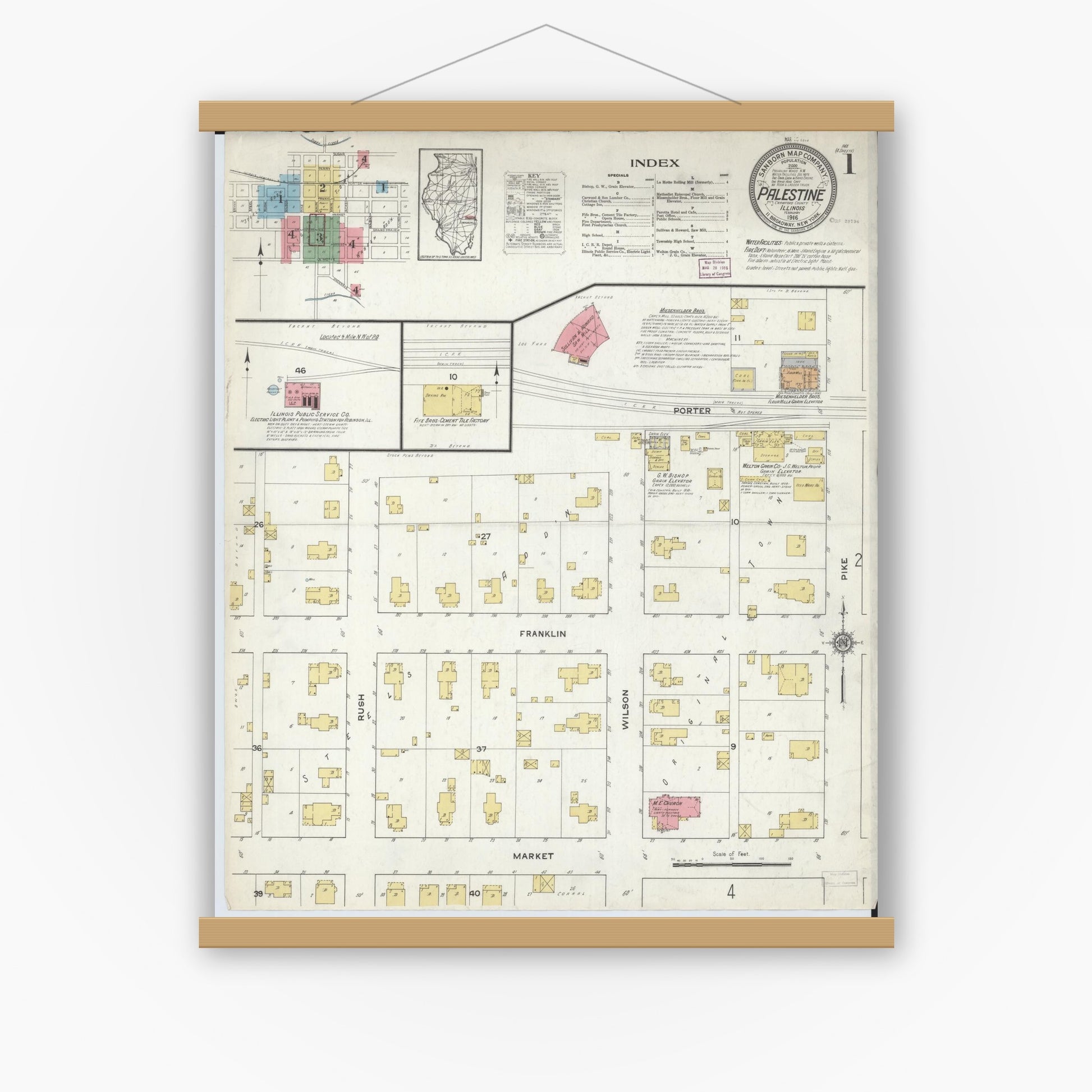 Old map wall art mockup — magnetic wood frame on white wall — Sanborn Fire Insurance Map from Palestine, Crawford County, Illinois (1916) - Complete Map Set